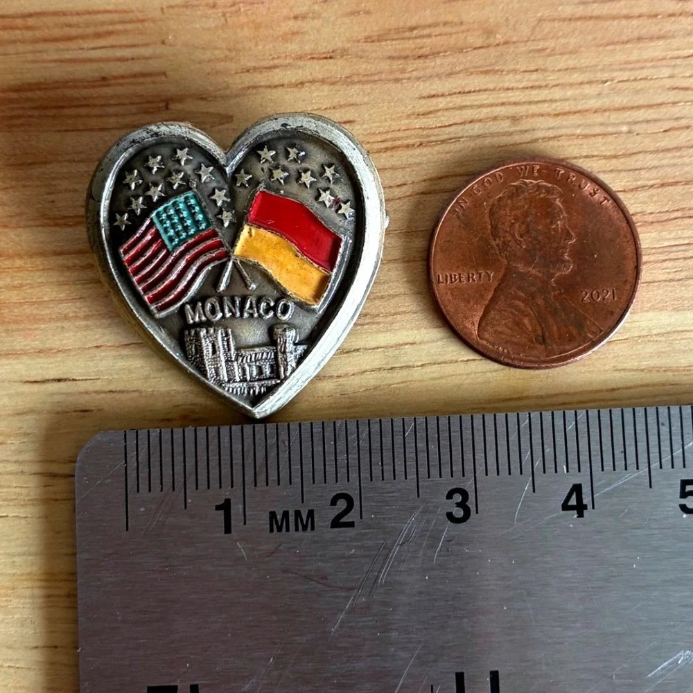 Vintage A. Augis Lyon Monaco USA Flag Heart Pin Enamel Lapel Badge Collectible